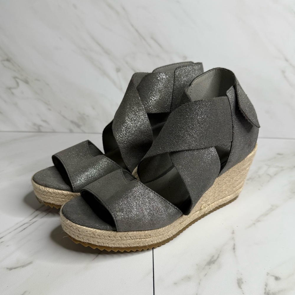 Eileen Fisher Willow Gray Metallic Espadrille Wedge Heels Summer Casual Coastal